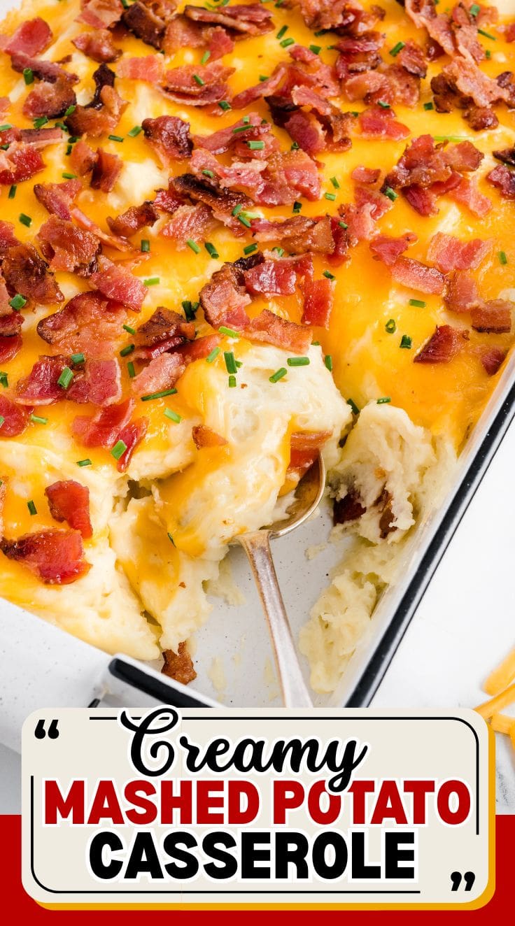 Mashed Potato Casserole in a casserole with part of it missing