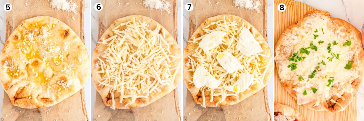 making naan bread garlic bread pizza with parmesan cheese and mozzarella cheese.