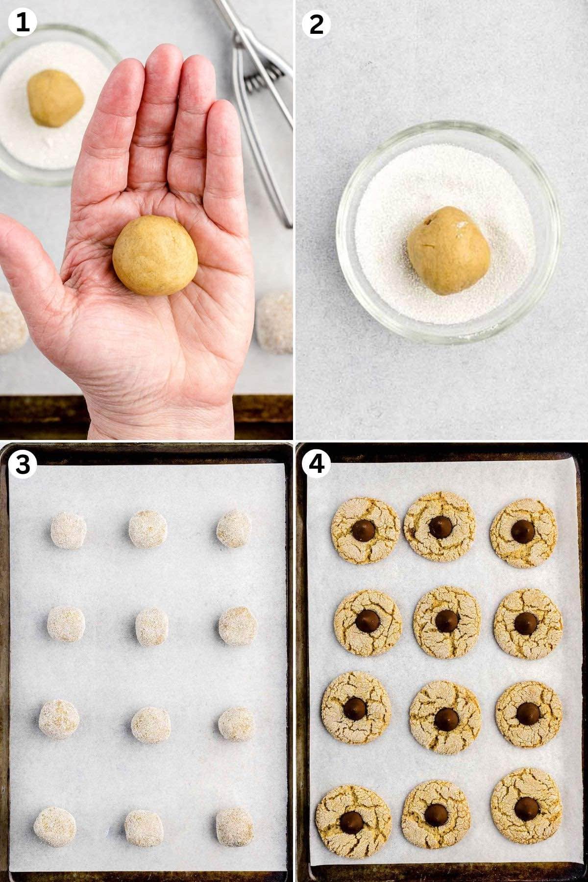 roll the dough into a ball and roll them in sanding sugar. rolled dough lined up in baking sheet. add hershey's kisses in the center of the baked cookies.