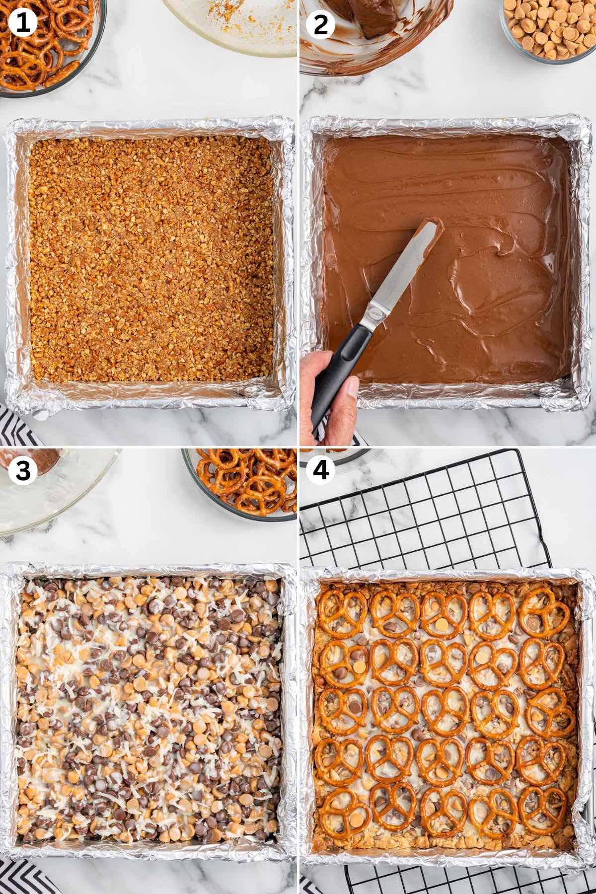 crust layer on a square baking pan. adding the chocolate layer on top of the crust. chocolate chip layer on top of the chocolate. a couple of pretzels on top of the chocolate chip layer.