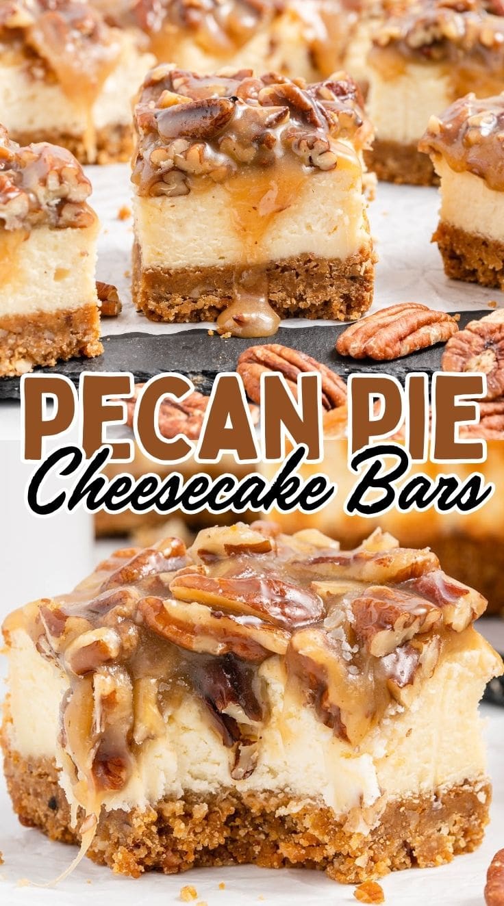 A few sliced Pecan Pie Cheesecake Bars on baking sheet
