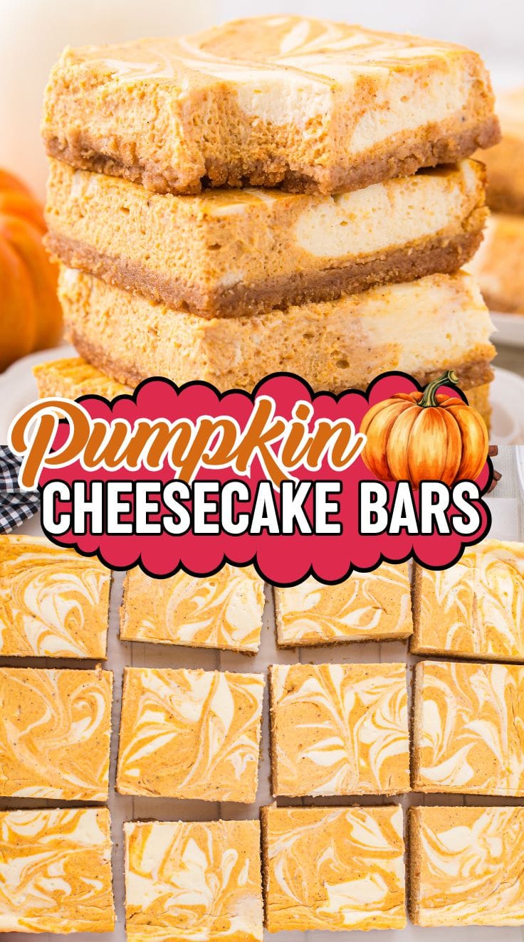 Square sliced Pumpkin Cheesecake Bars stacked on top of each other