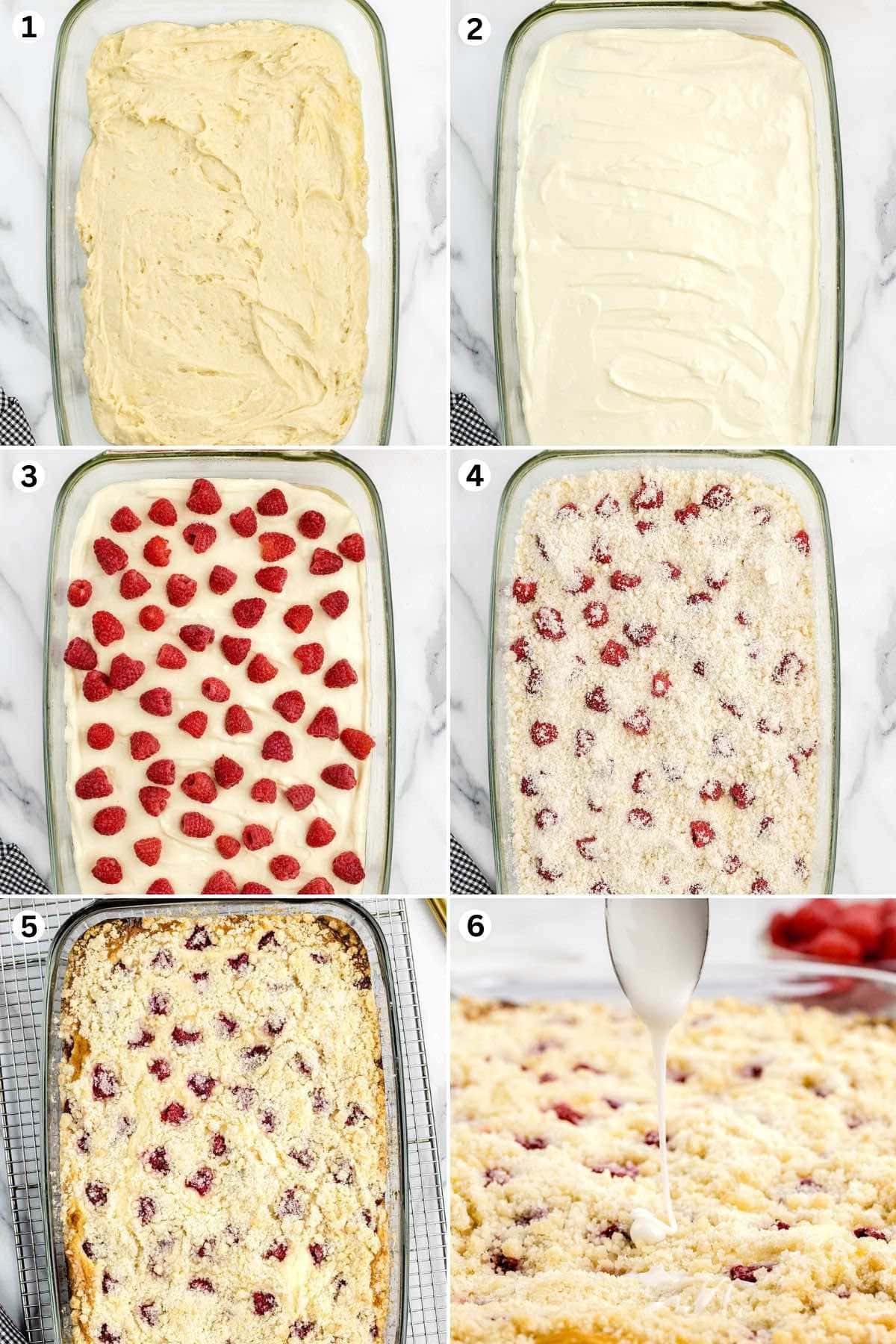 Make the flour and butter mixture. Create the cake batter and the cream cheese mixture. Sprinkle the crumbly mixture over the top of the raspberry and cream cheese layer. Bake and whisk together the powdered sugar and milk then drizzle over the cake.