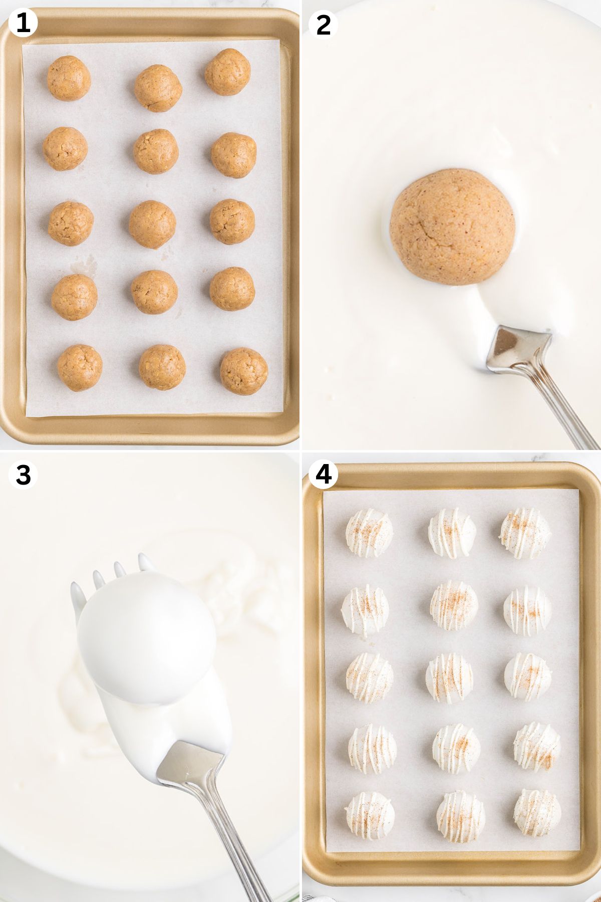 snickerdoodle truffles rolled into balls. cover the balls with melted white chocolate. line the truffles in baking tray.
