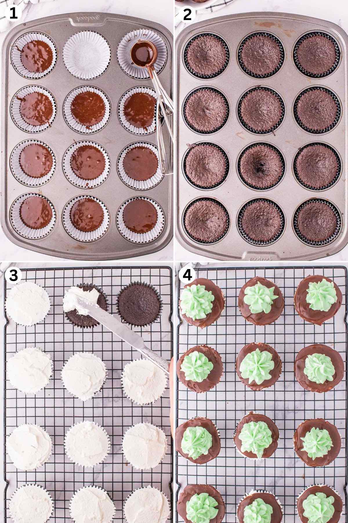 Fill the cupcake wells and bake. spread peppermint cream on top of the baked cupcake. pipe green frosting on top of the peppermint cream layer.