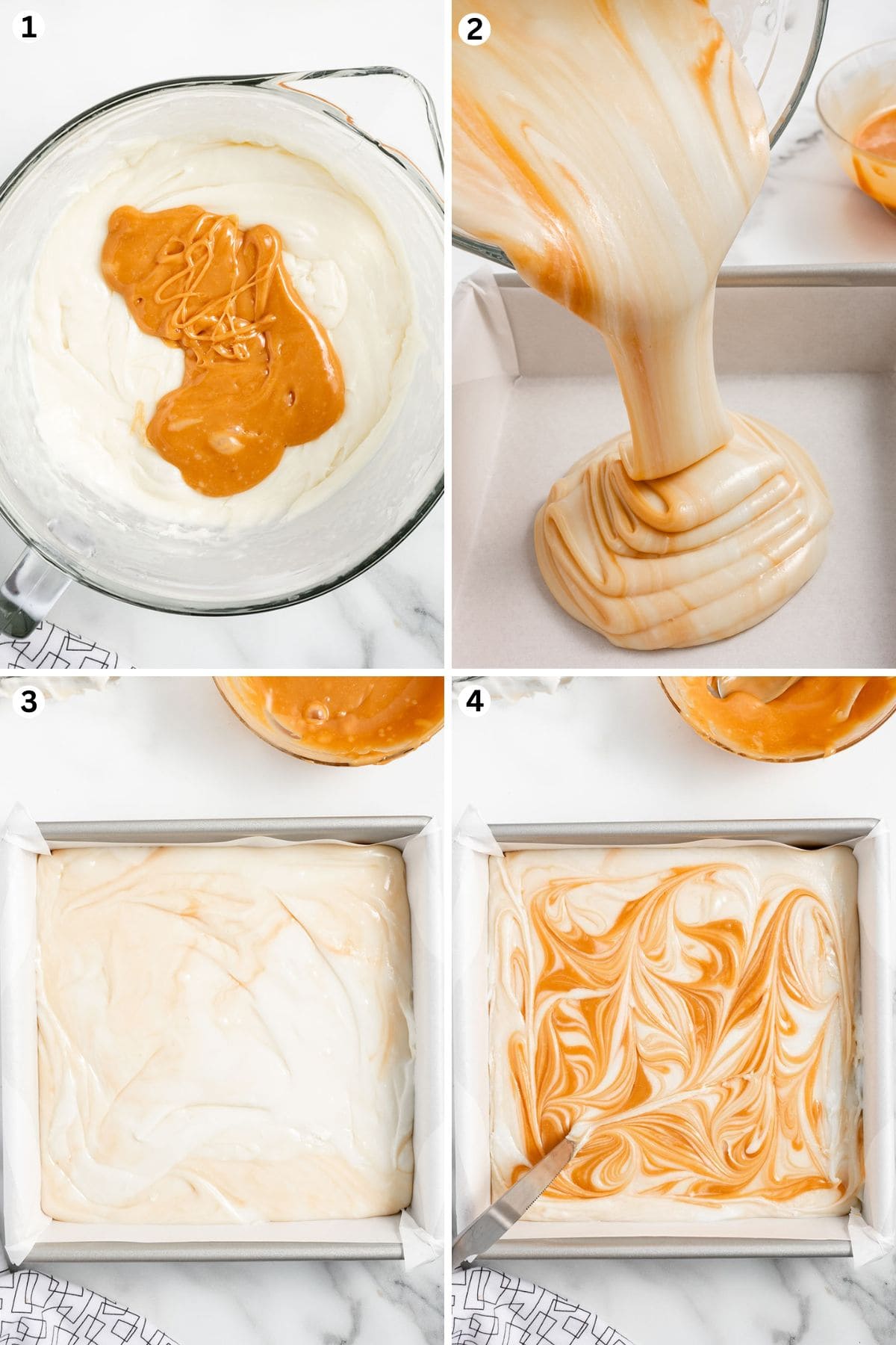 fudge mixture in a bowl. pour the mixture into baking dish. pour the caramel and swirl it around using a knife.