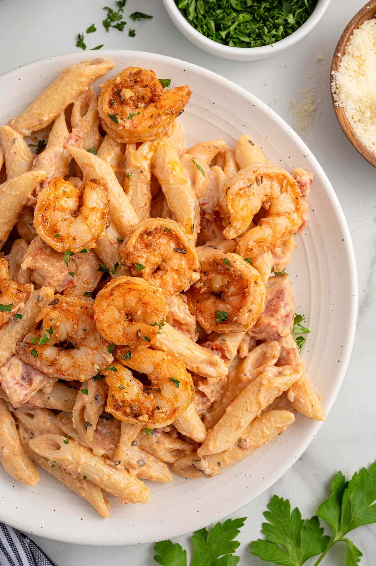 a plateful of cajun shrimp pasta. 