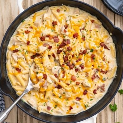 crack chicken penne in a skillet.