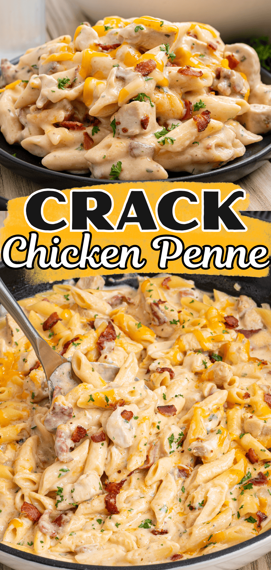 Crack chicken penne served on a dark plate and being spooned from a skillet with cheddar and bacon.