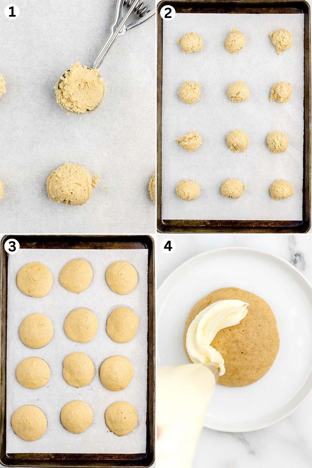 scooped cookie dough with ice cream scoop and line up on baking sheet. baked cookies on baking sheet. adding frosting on top of cookies.