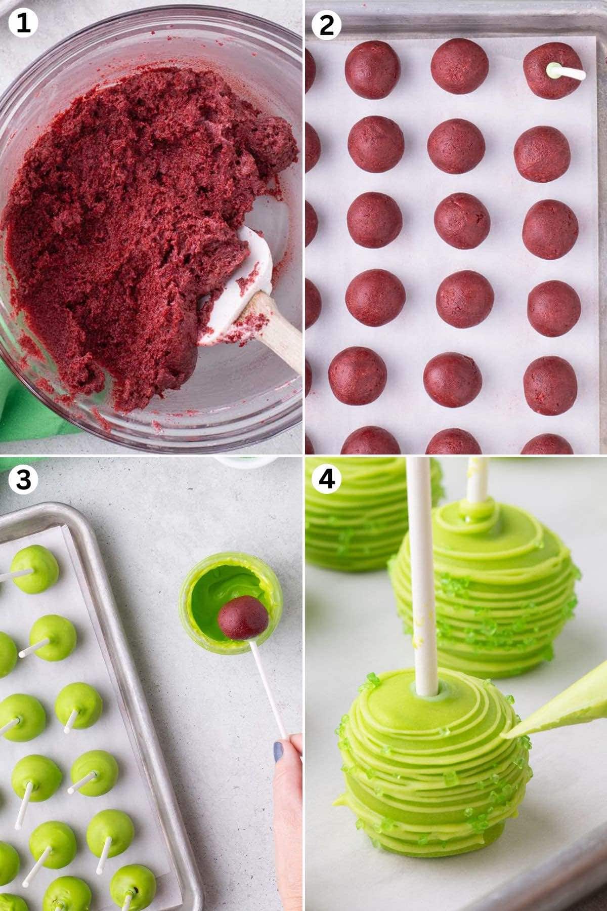 cake pop mixture in a bowl. roll the mixture into balls and stick cake pop stick on top. dip into green coating. decorate the cake pop.