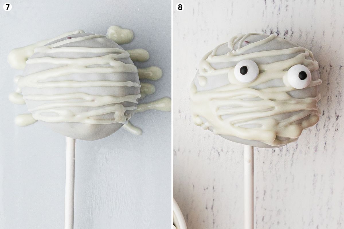 pictorial showing how to make mummy cake pops.