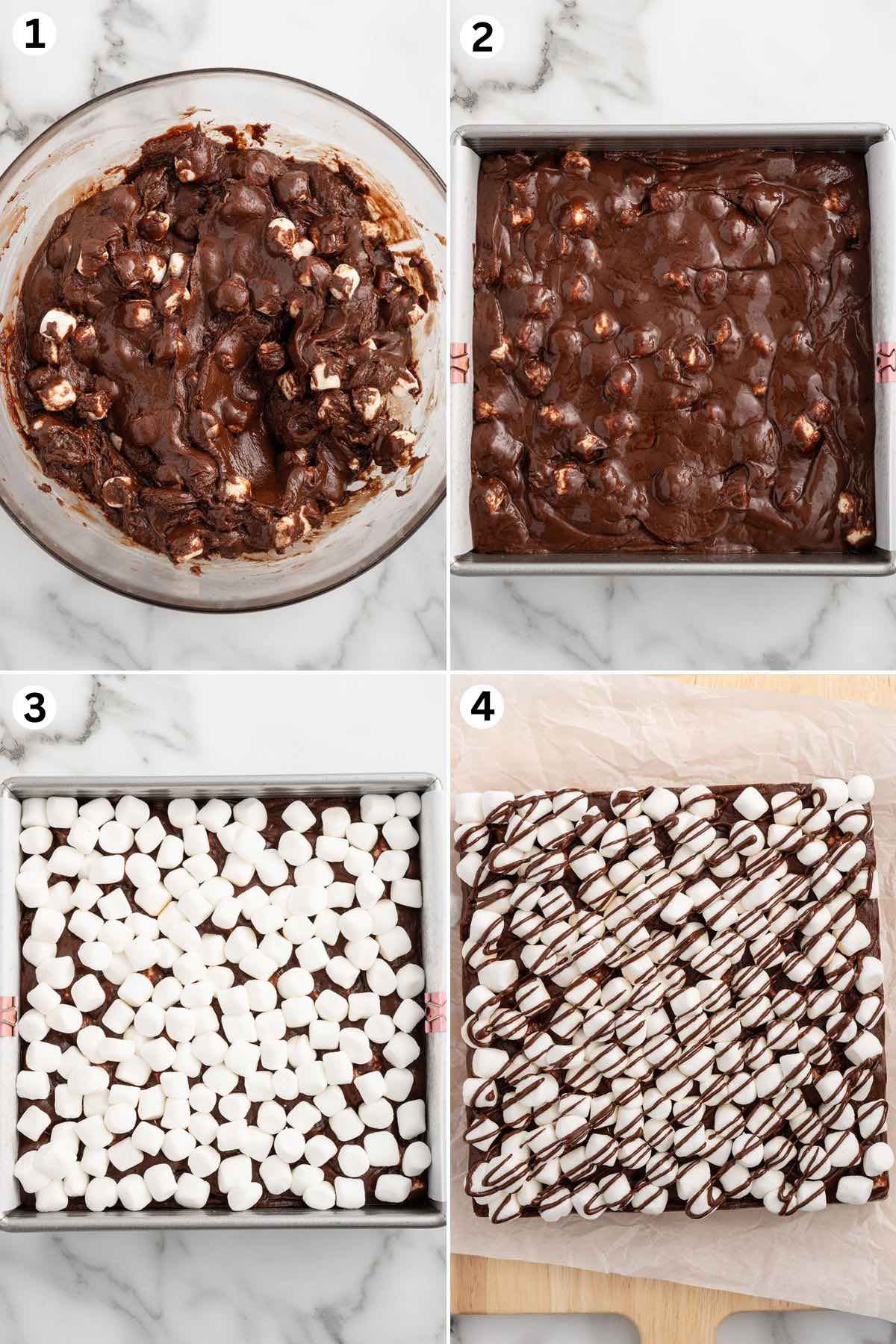 Making hot chocolate fudge: mix chocolate with condensed milk and marshmallows, spread in pan, top with mini marshmallows, drizzle melted chocolate, and cut into slices.