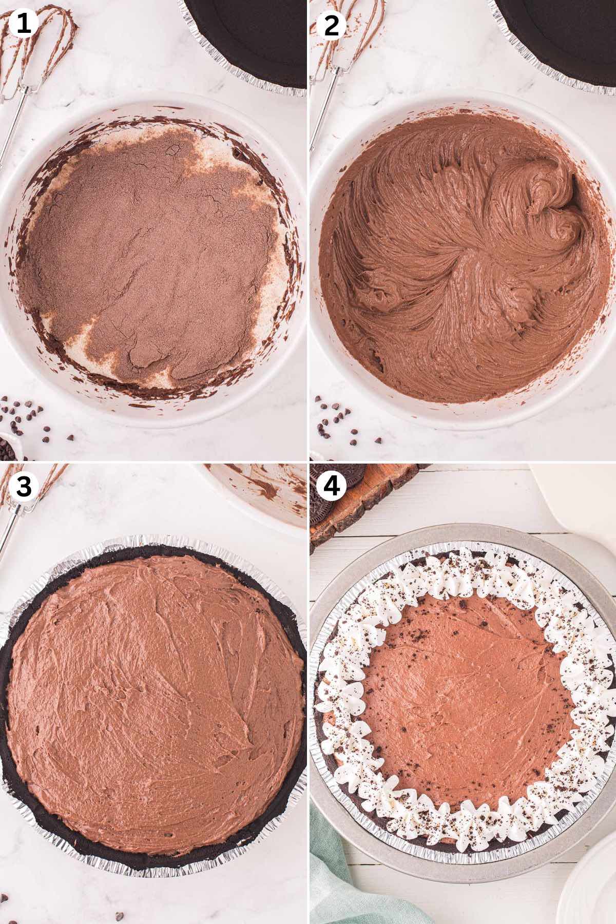 making the nutella mixture. spread the mixture into the Oreo pie crust. decorate and pipe whipped topping around the edge and sprinkle with mini chocolate chips.
