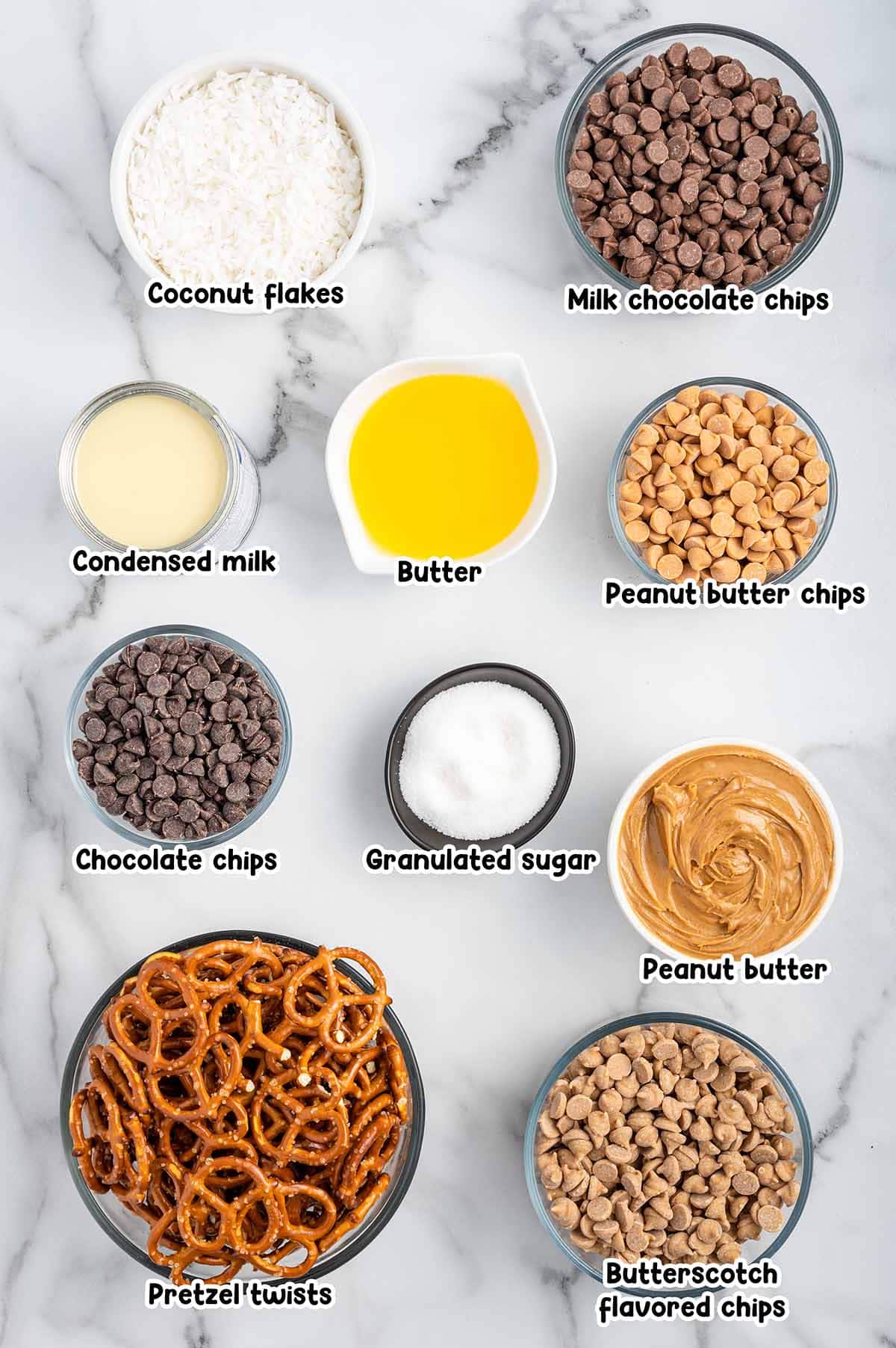 Peanut Butter Pretzel Magic Bars ingredients.