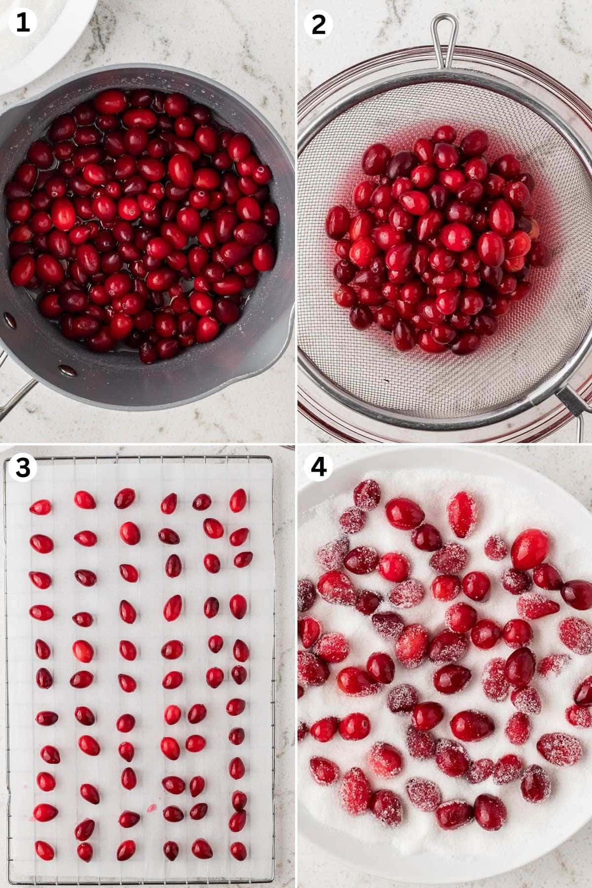 Coat cranberries in the sugar syrup. drain the cranberries. Place in parchment paper. coat in granulated sugar.