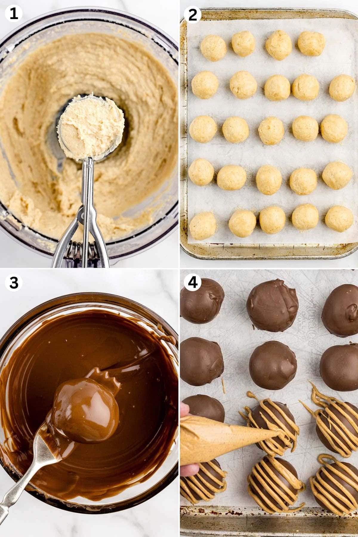 using ice cream scoop to scoop the whiskey balls mixture. roll into balls and line in baking sheet. dip into melted chocolate. drizzle with melted peanut butter chip.