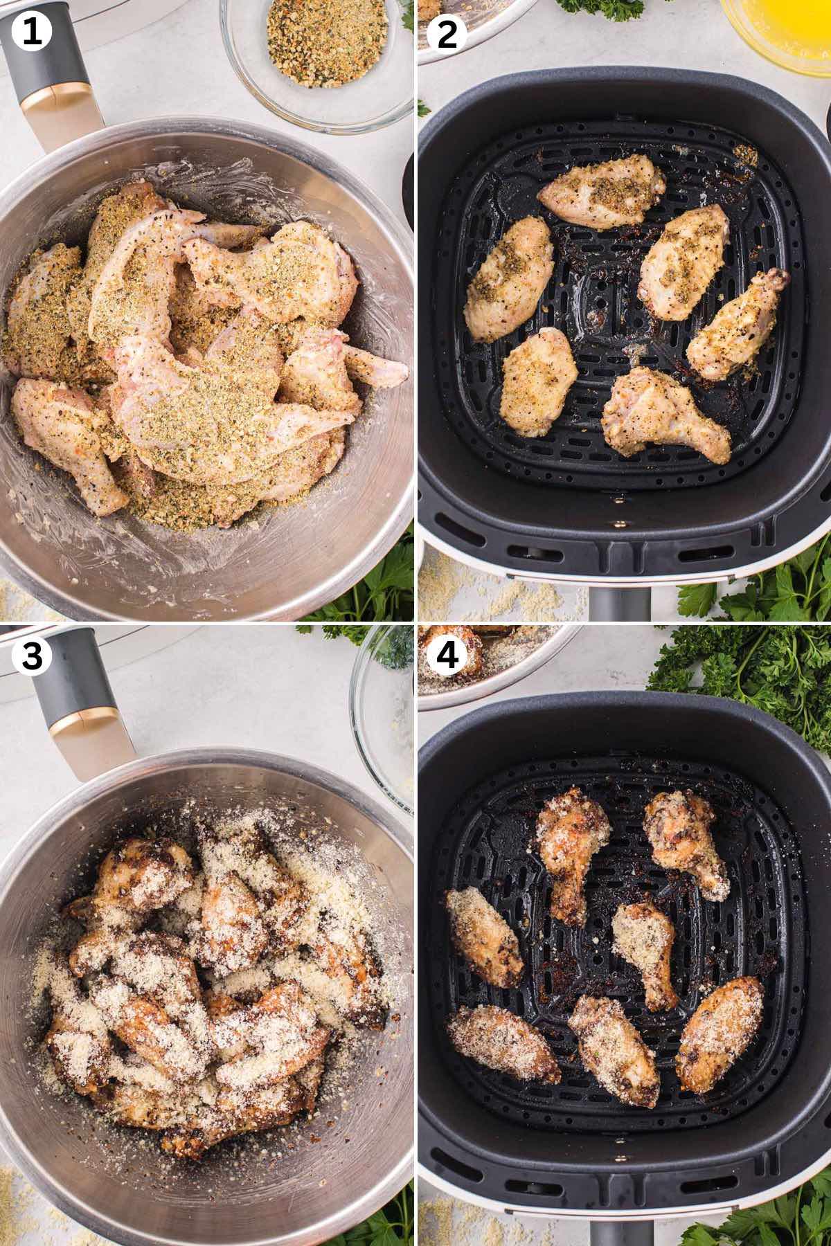 Sprinkle the seasonings all over the chicken. Place chicken wings in the air fryer. Toss the wings in the melted butter mixture and sprinkle parmesan cheese. Return it to the air fryer.