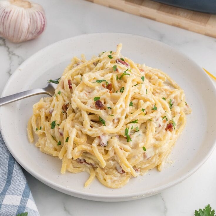 Creamy Bacon Spaghetti on a white plate with fork on the side.