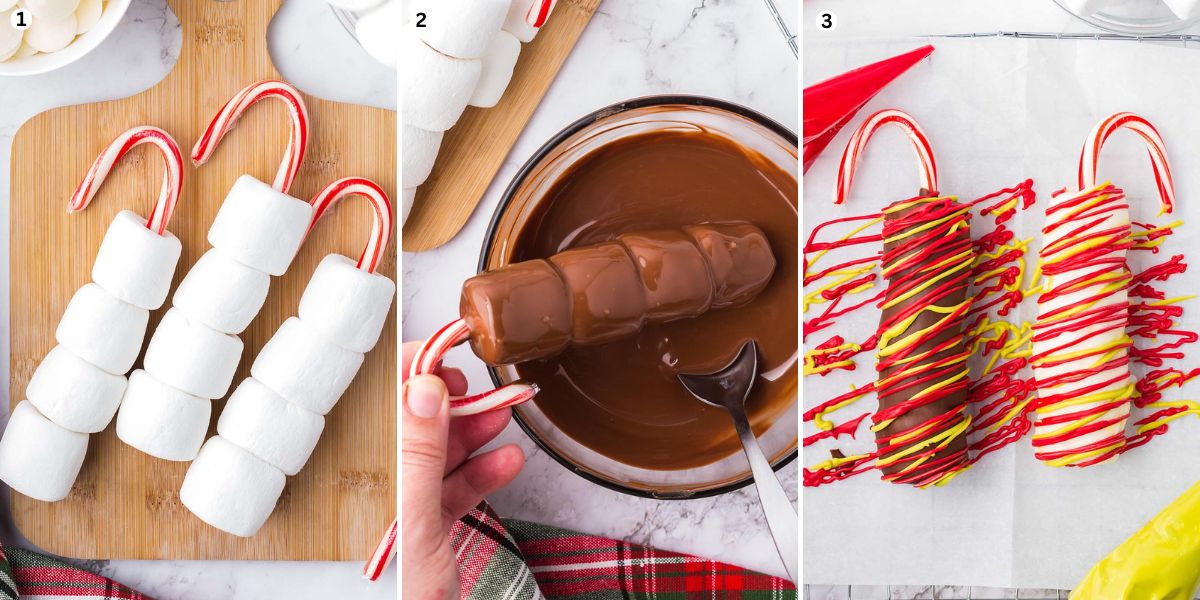 sticking marshmallow to candy canes. dip the marshmallow into melted chocolate. add topping.