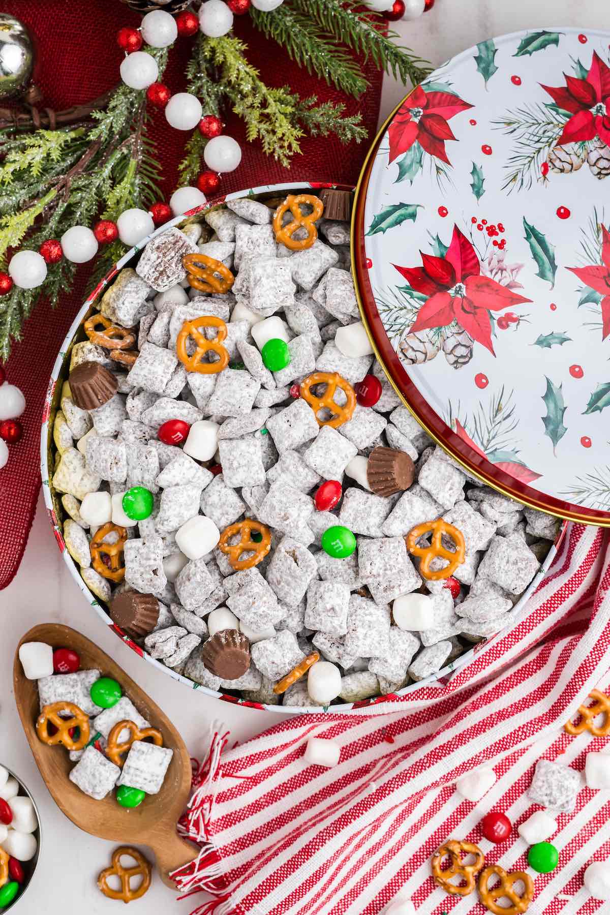 Christmas Puppy Chow in a tin can.