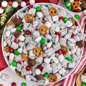 Christmas Puppy Chow on a big bowl.