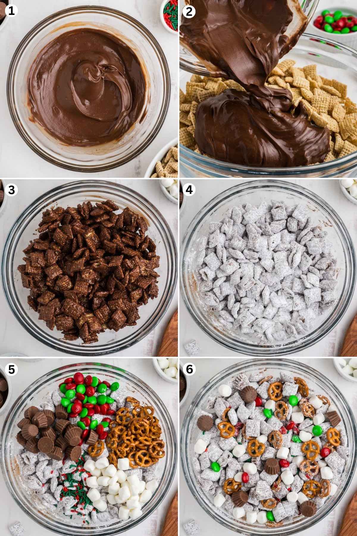 Chocolate mixture in a bowl. Add the chocolate mixture over cereal and stir. Stir in powdered sugar. Mix in the pretzels, M&Ms, Reese’s, marshmallows and sprinkles.