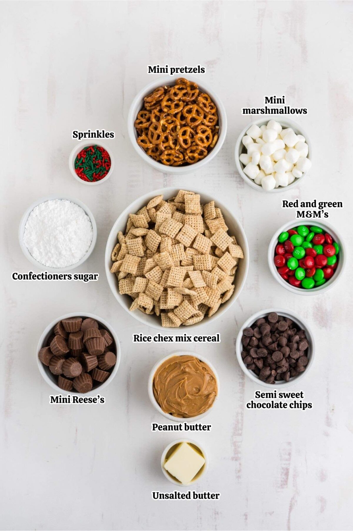 Christmas Puppy Chow ingredients.