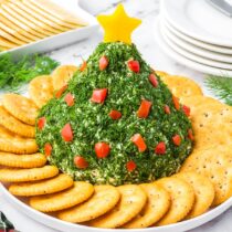 Christmas Tree Cheese Ball surrounded with crackers.