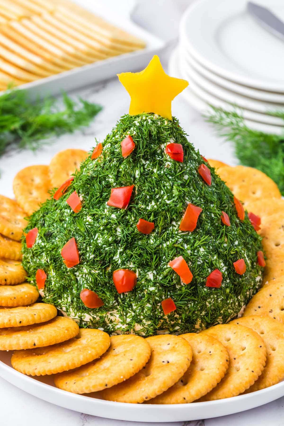 Christmas Tree Cheese Ball with a star at the top.