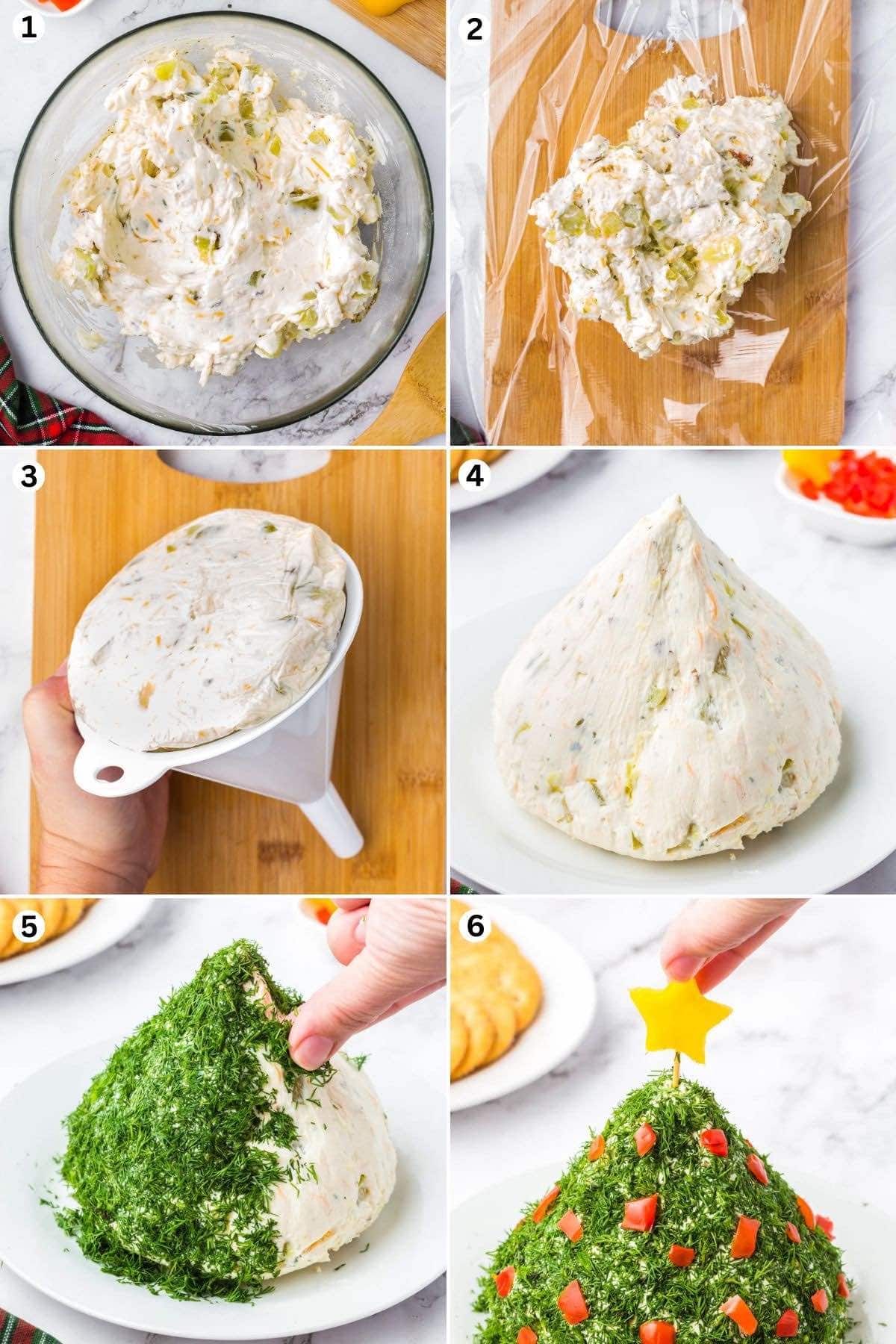 cheese ball mixture in a bowl. wrap in plastic wrap and place inside a cone. decorate with chopped dill and place a star on top. 