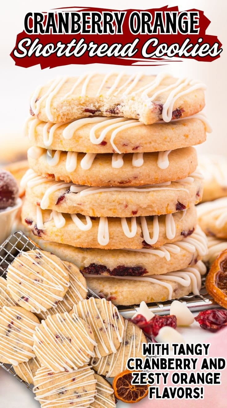 A stack of Cranberry Orange Shortbread Cookies with the piece on top being half bitten.