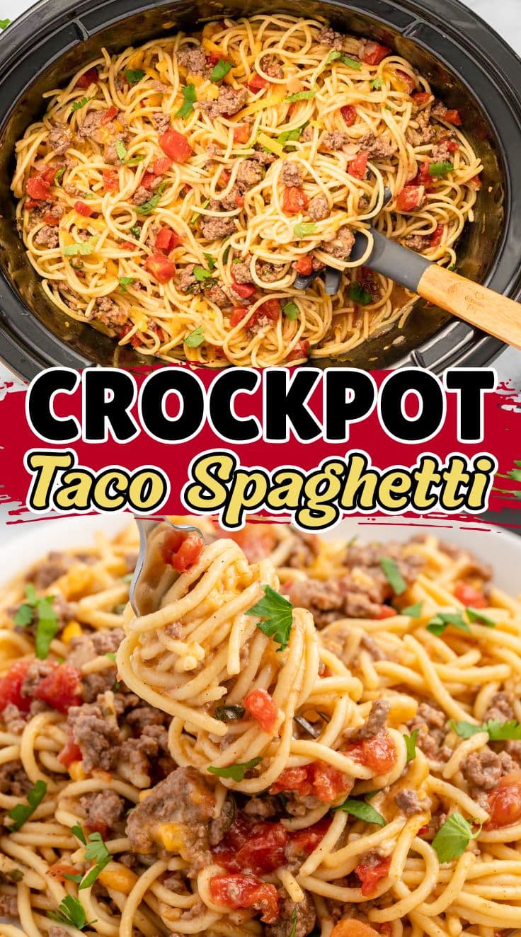 A plate of cheesy Crockpot taco spaghetti topped with seasoned beef and melted cheese
