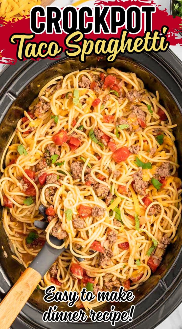Cheesy Crockpot taco spaghetti topped with seasoned beef and melted cheese in a crockpot