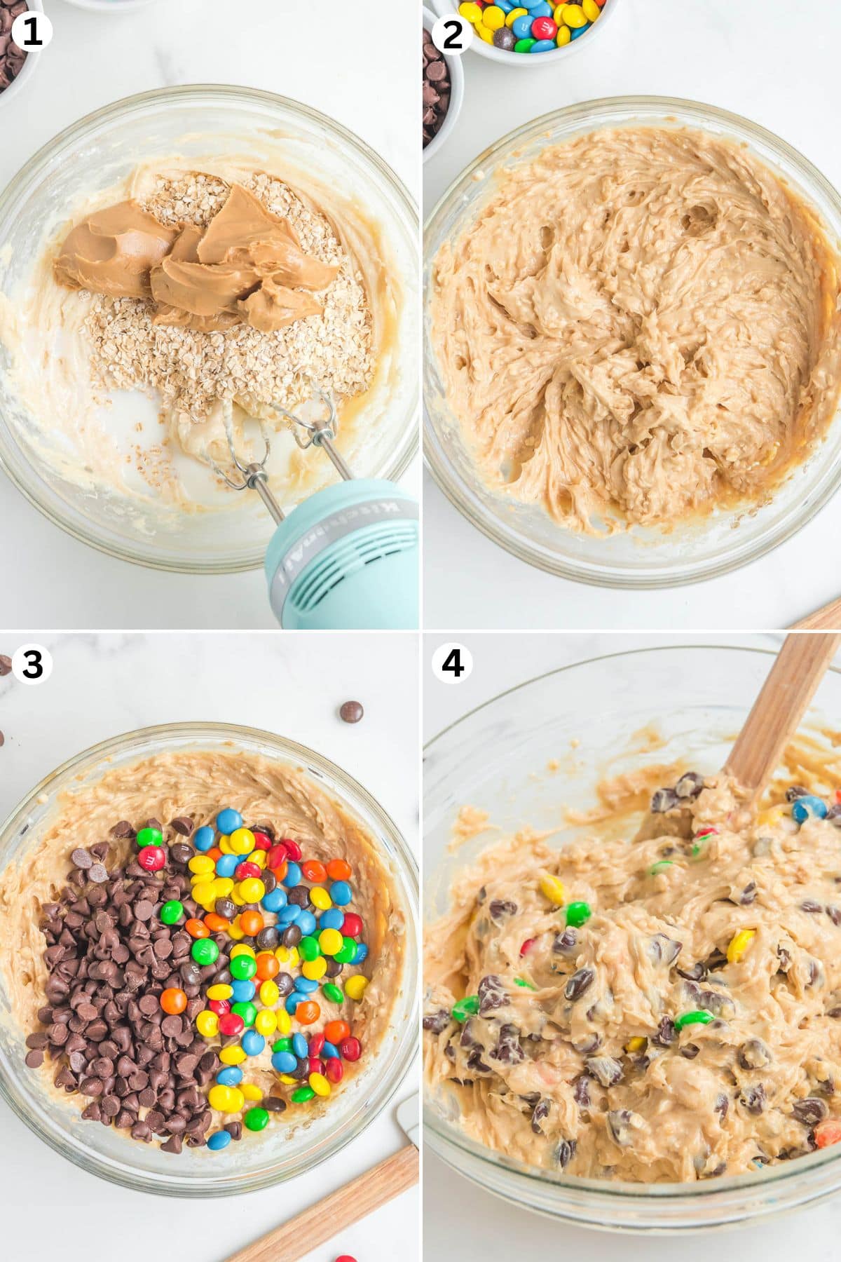 use mixer to mix all ingredients. all ingredients mixed in a bowl. add chocolate chips and M&M's into the bowl. use spatula to mix it evenly.