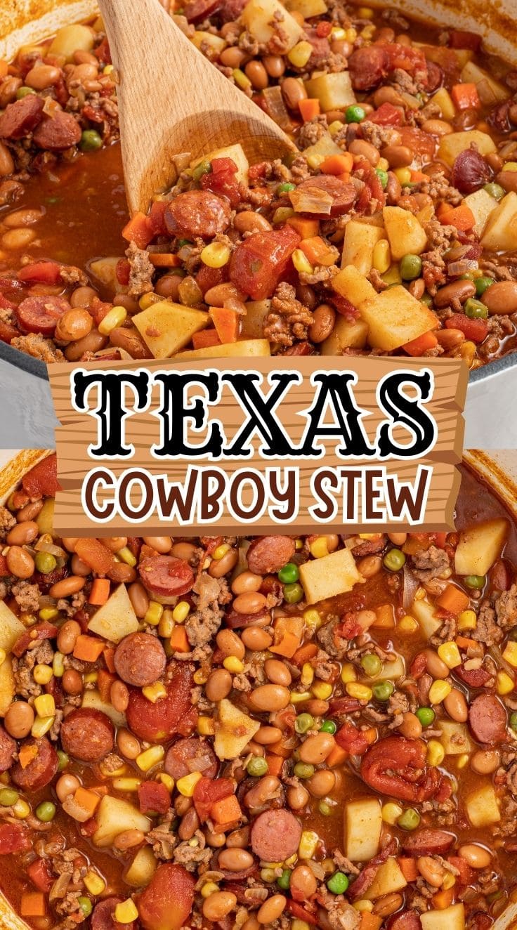 Texas cowboy stew cooked in a pot, featuring a thick, hearty stew perfect for an easy comfort food dinner.