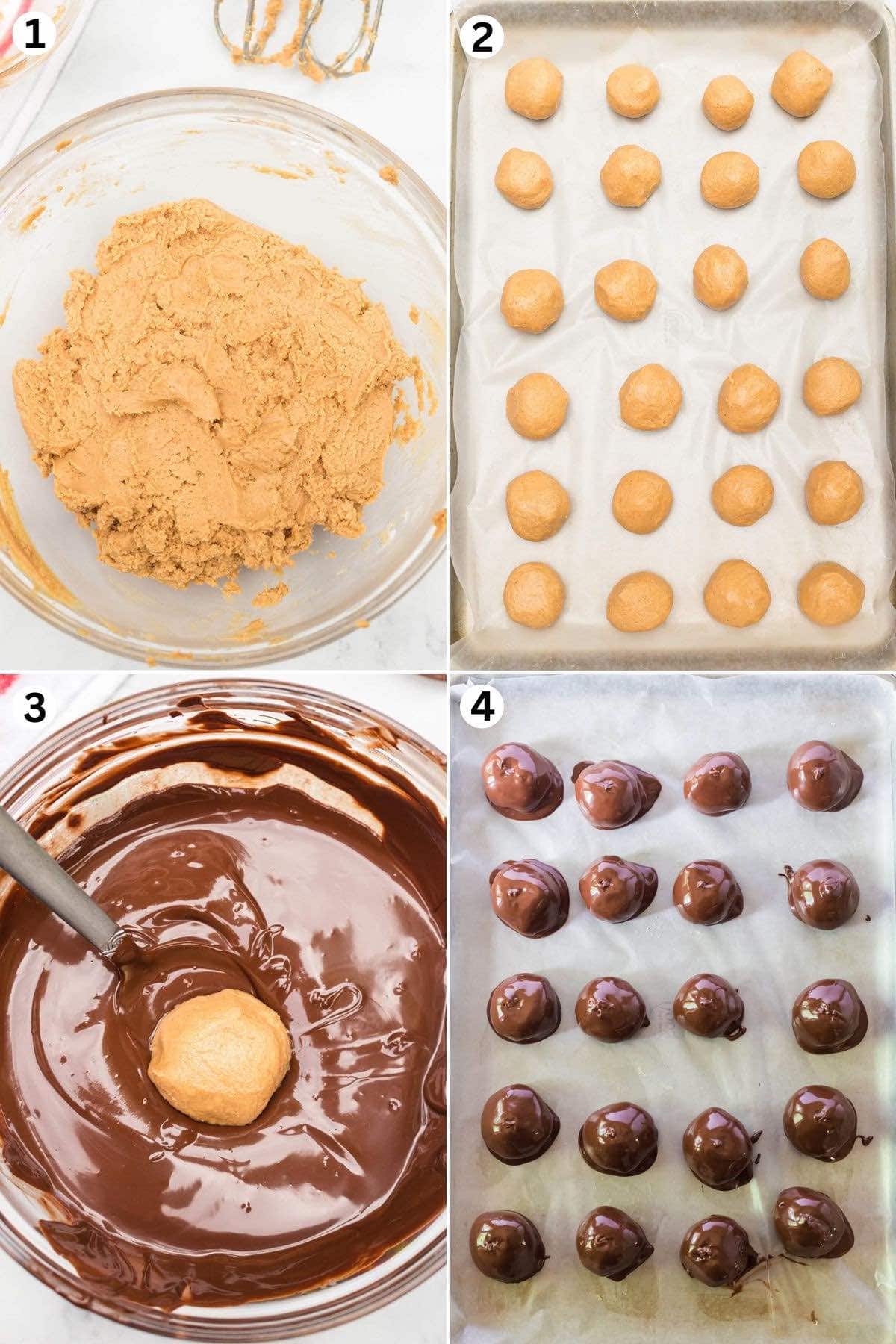 peanut butter mixture in a bowl. a couple of peanut butter balls lined in baking sheet. dip the balls in melted chocolate. lined up chocolate covered balls in baking sheet.