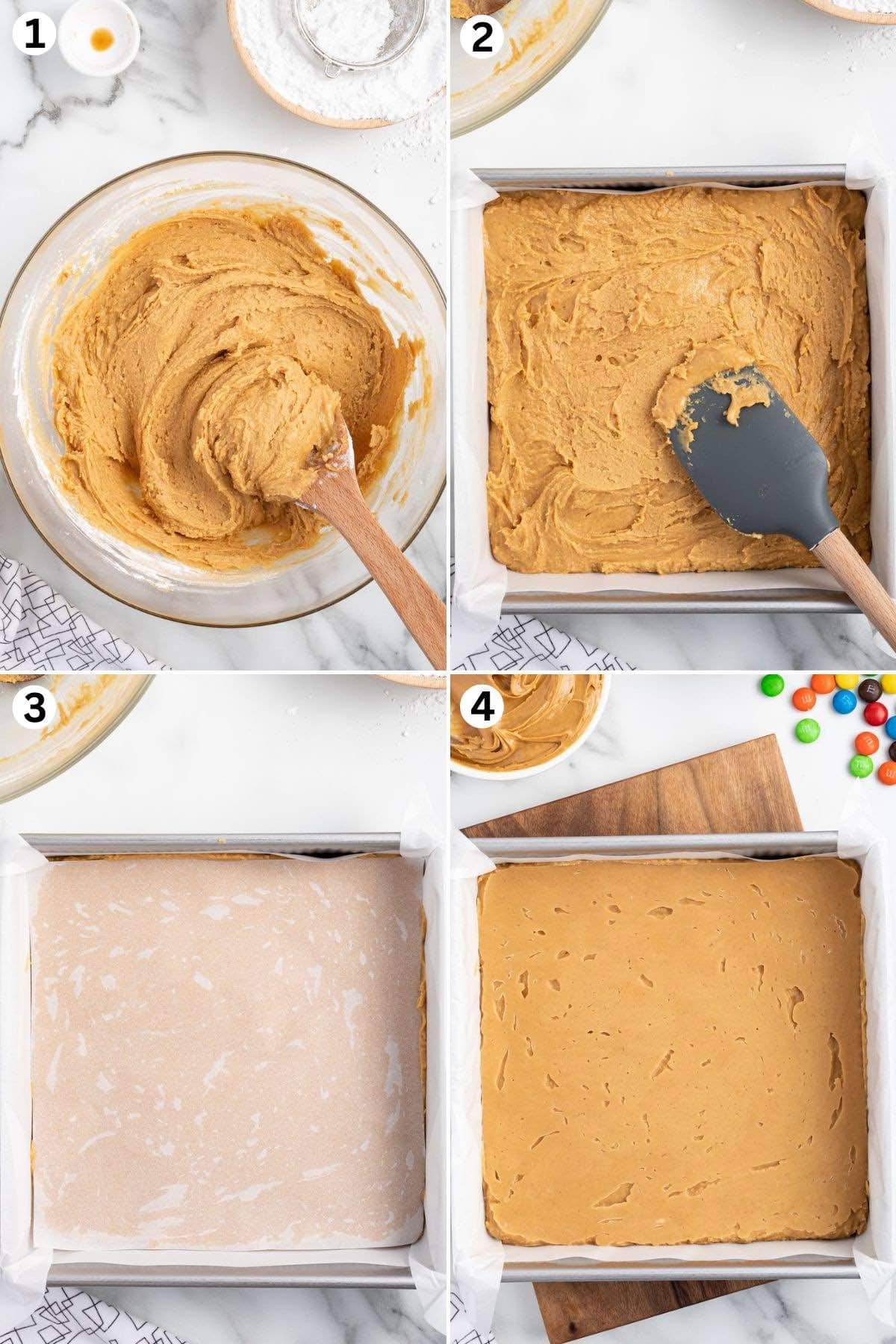 mix fudge ingredients in a bowl. pour into baking pan. place parchment paper on top to smooth and flatten it. 