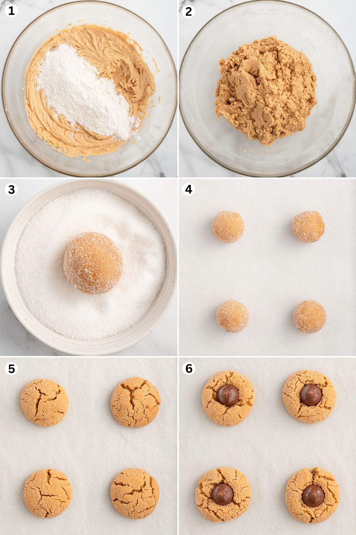 Add the dry ingredients into the wet ingredients and mix. scoop the dough and roll into balls. roll in sanding sugar and bake. press hershey's kisses into the cookies. 