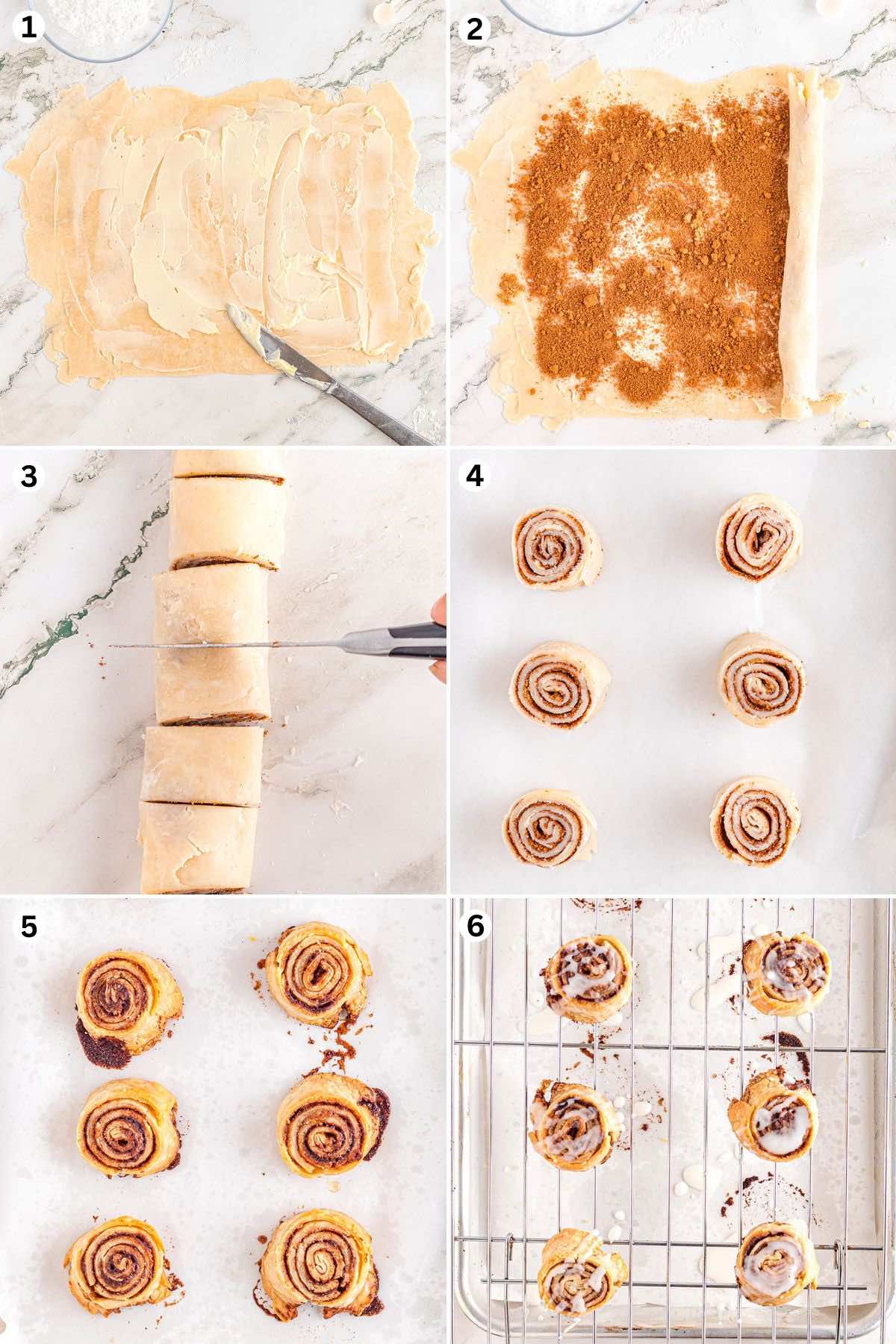 roll out the dough. spread butter and sprinkle with cinnamon and brown sugar. roll into logs. cut into pieces and lay in baking sheet. bake and drizzle with sugar glaze.