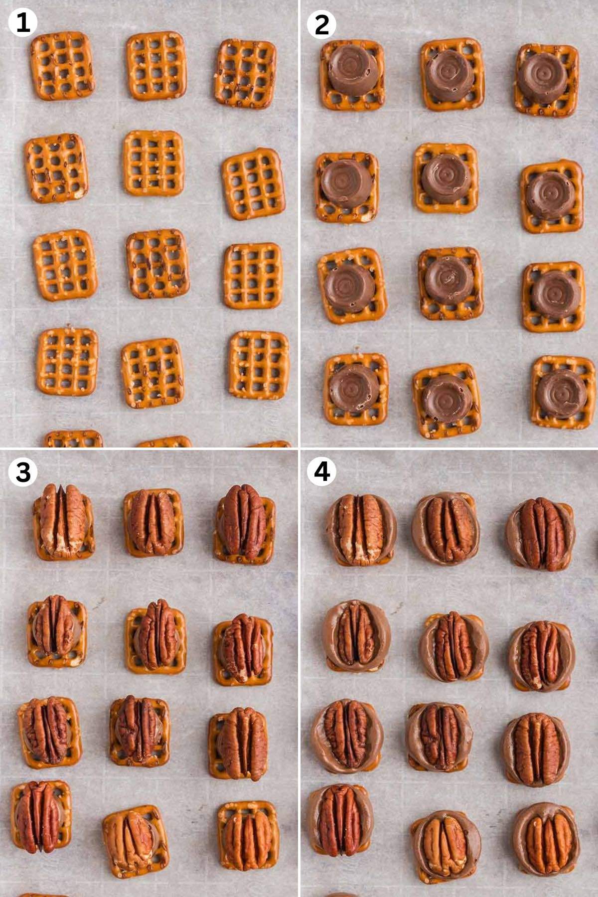 Arrange the pretzels in baking sheet. Place the rolos on top of each pretzels. Place the pecan on top and bake.