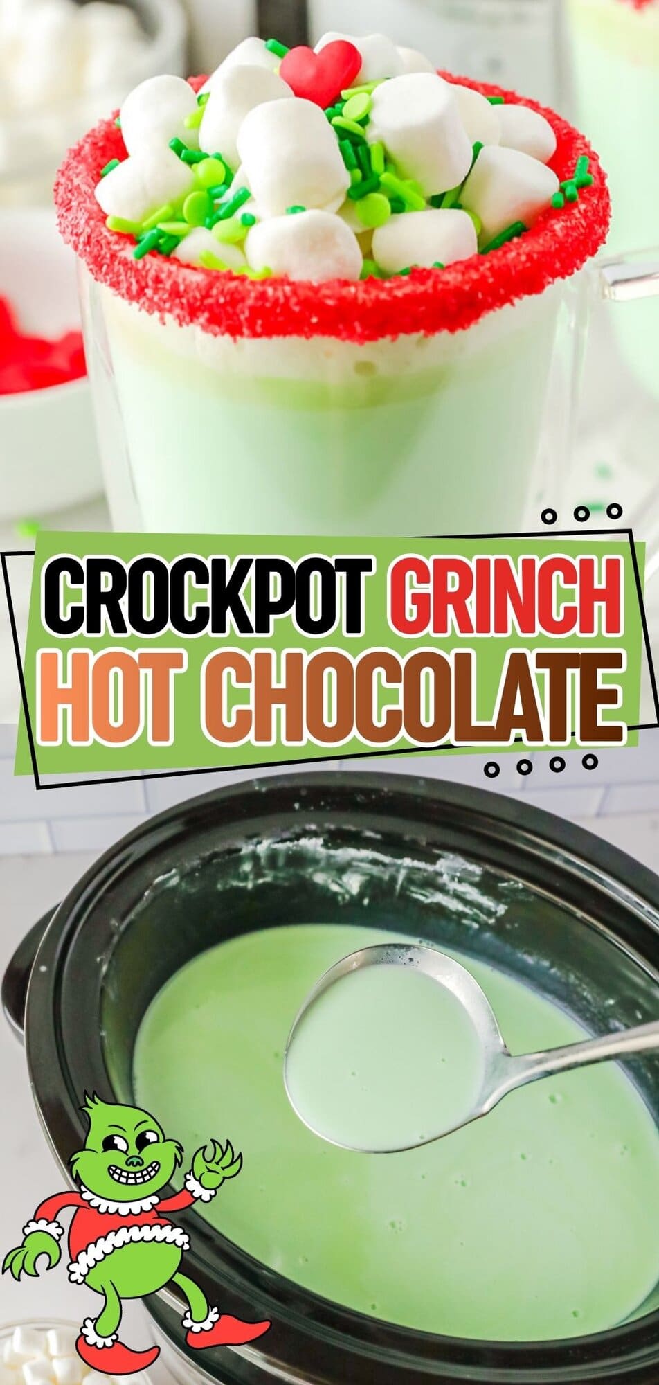 Green Grinch hot chocolate in a mug topped with mini marshmallows and a red candy heart, served warm from the slow cooker.