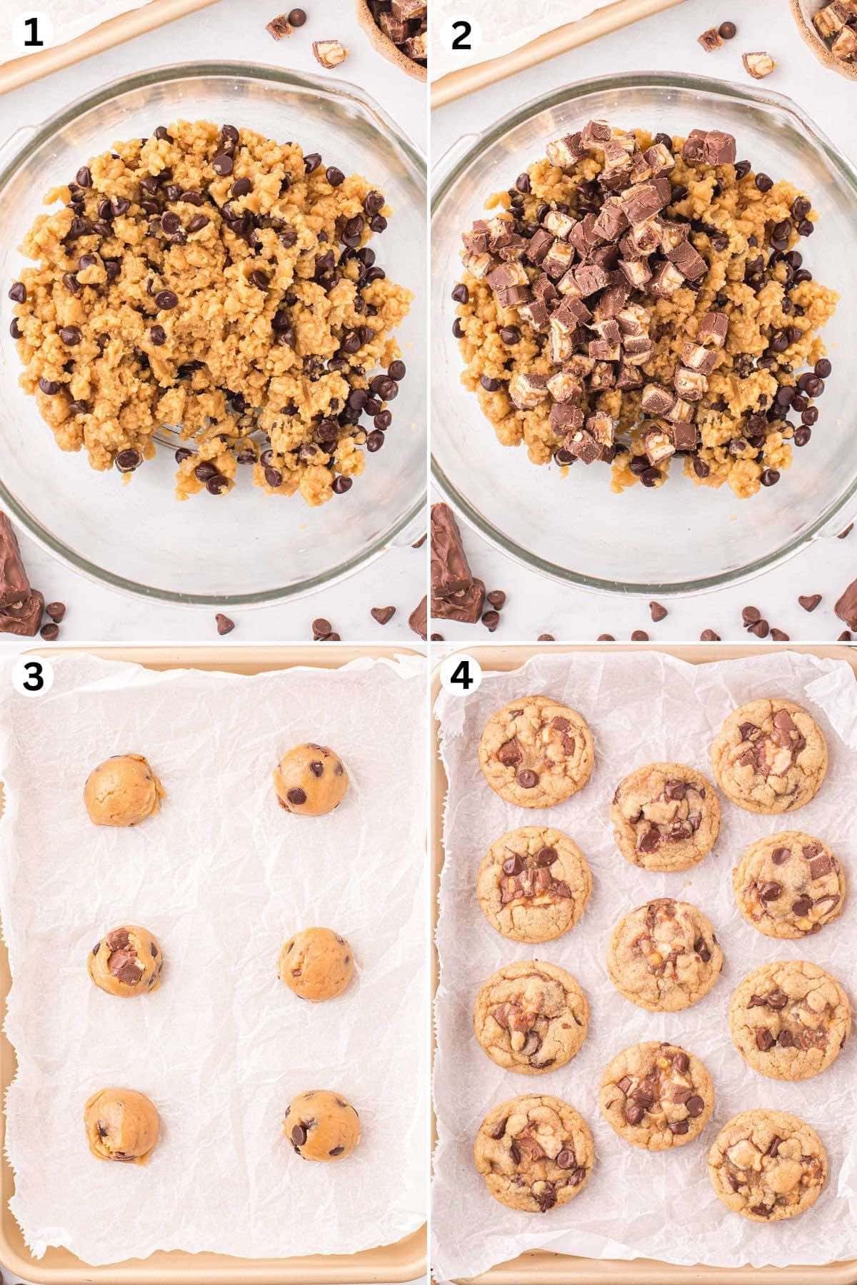 mix ingredients in a bowl. add in chopped snickers. scoop and roll into balls. place in baking sheet. baked cookies in baking sheet.