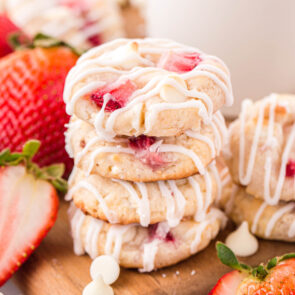 a couple of Strawberry Shortcake Cookies stacked on the table.