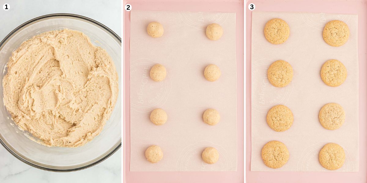 Combine the ingredients in the mixing bowl. Scoop the dough onto the parchment paper. Baked cookies.