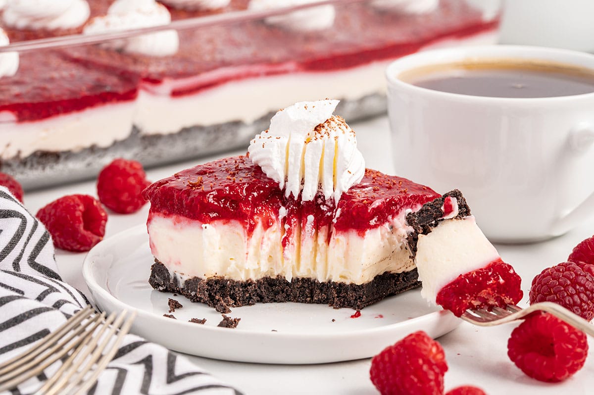 Chocolate Raspberry Cheesecake Delight on a white plate with a fork.