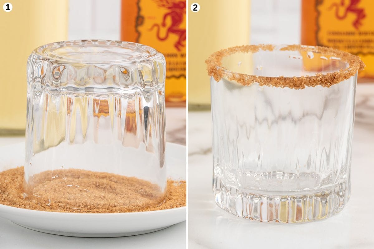 Dip the rim of the glass in water and then in the cinnamon sugar mixture