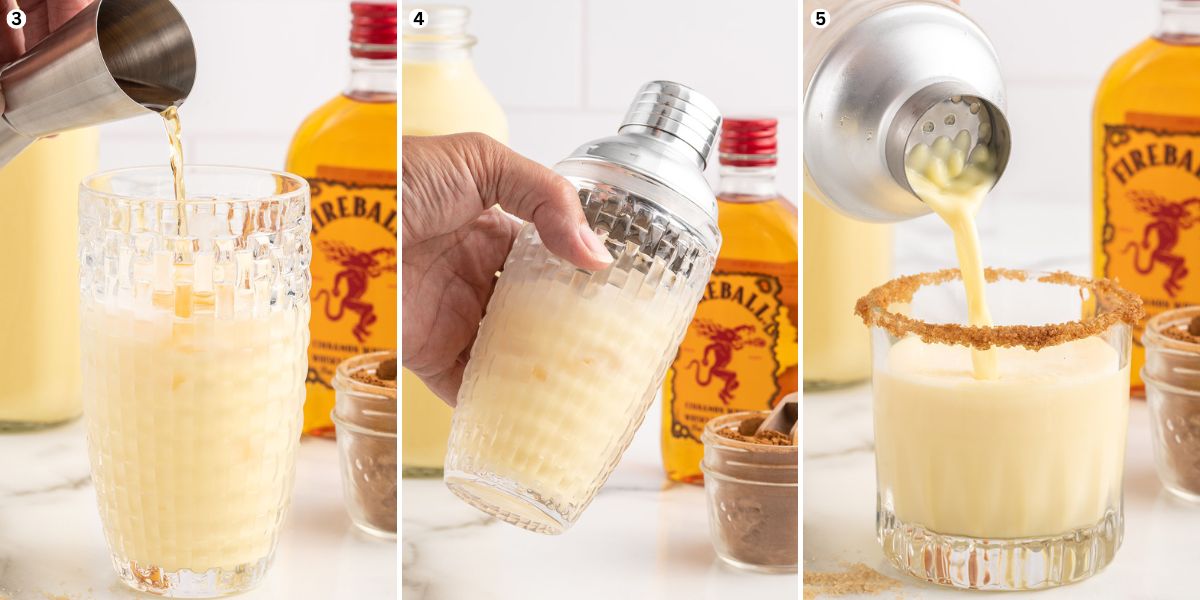 add eggnog and fireball in a shaker, shake and pour into the glass,
