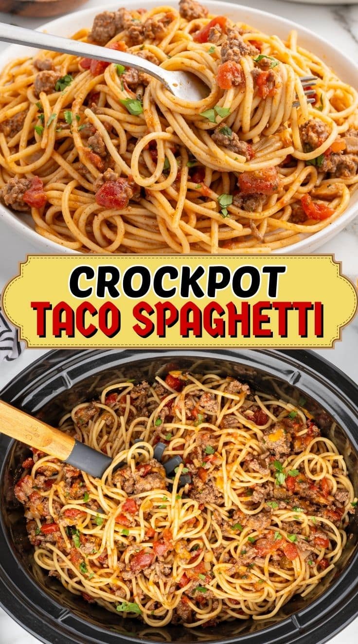 A spoon digging into crockpot taco spaghetti cooked in a crockpot.