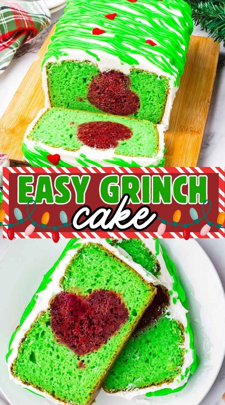 2 slices of grinch cake on a plate. grinch cake on a wooden board